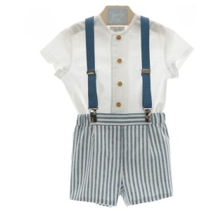 Conjunto pantalón rayas verticales azules con tirantes y camisa «Familia Damas» YOEDU