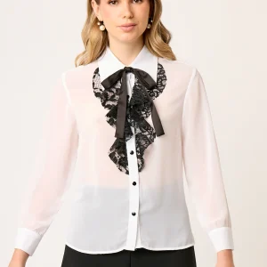 BLUSA CAMISERA DE GASA MANGA LARGA CON OLÁN Y CORBATÍN NEGRO MONTIJO