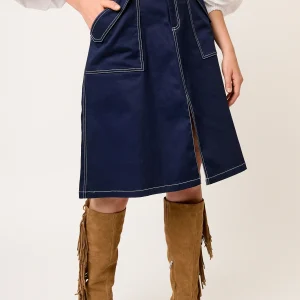 FALDA CASUAL DE GABARDINA AZUL MARINO CON BOLSILLOS Y ABERTURA AL FRENTE VIZIR