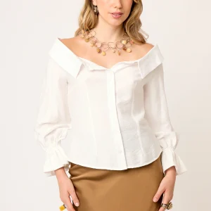 BLUSA CAMISERA CON ESCOTE BARDOT  Y BOTONES MANGA LARGA SORBONA